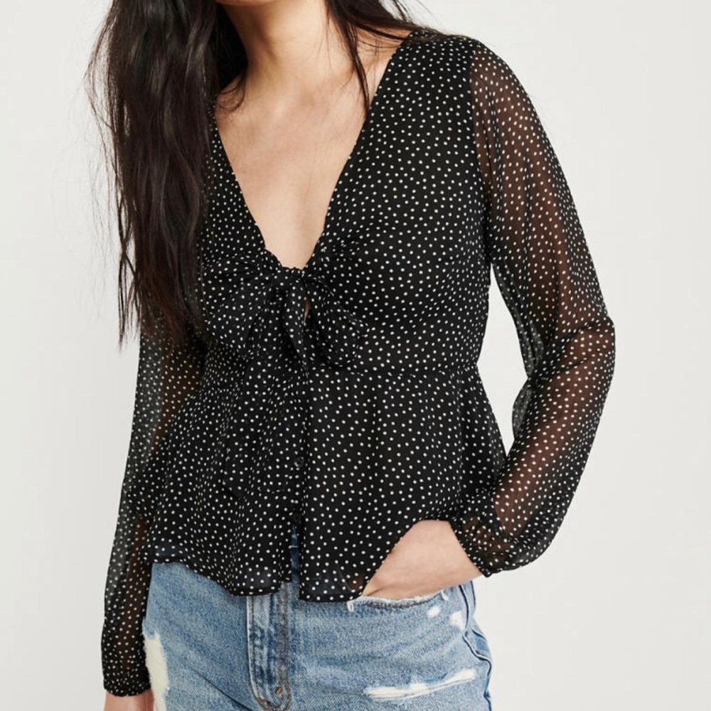 Polka dot front tie blouse